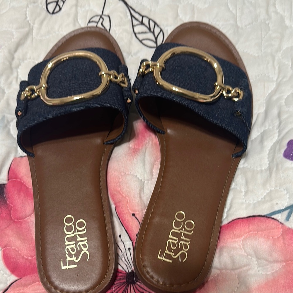 Franco Sarto Blue and Brown Sandals with Gold Accent
